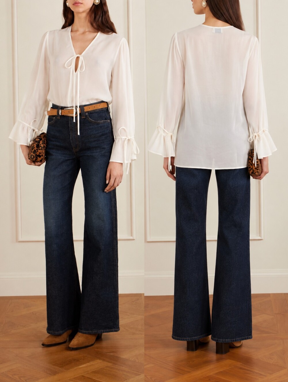 ETRO Ivory Silk V-Neck Tie-Front Neckline Flared Sleeve Romantic Boho Blouse